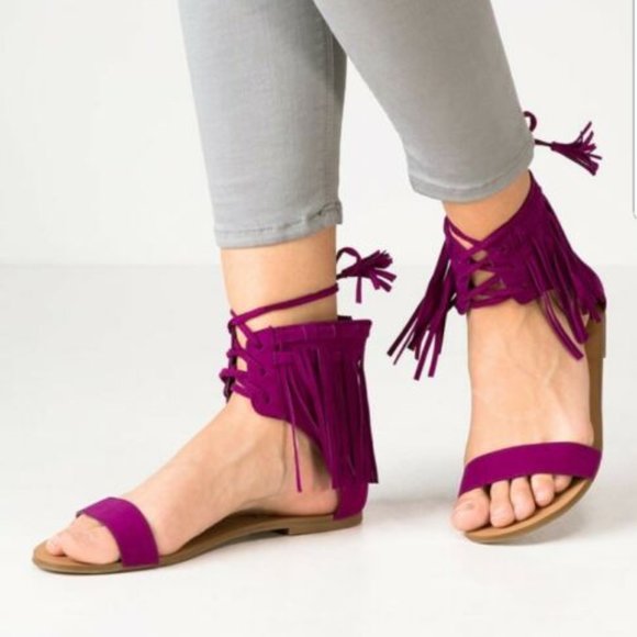 Steve Madden Suede Fringe Flat Lace Up Sandals - Picture 3 of 6